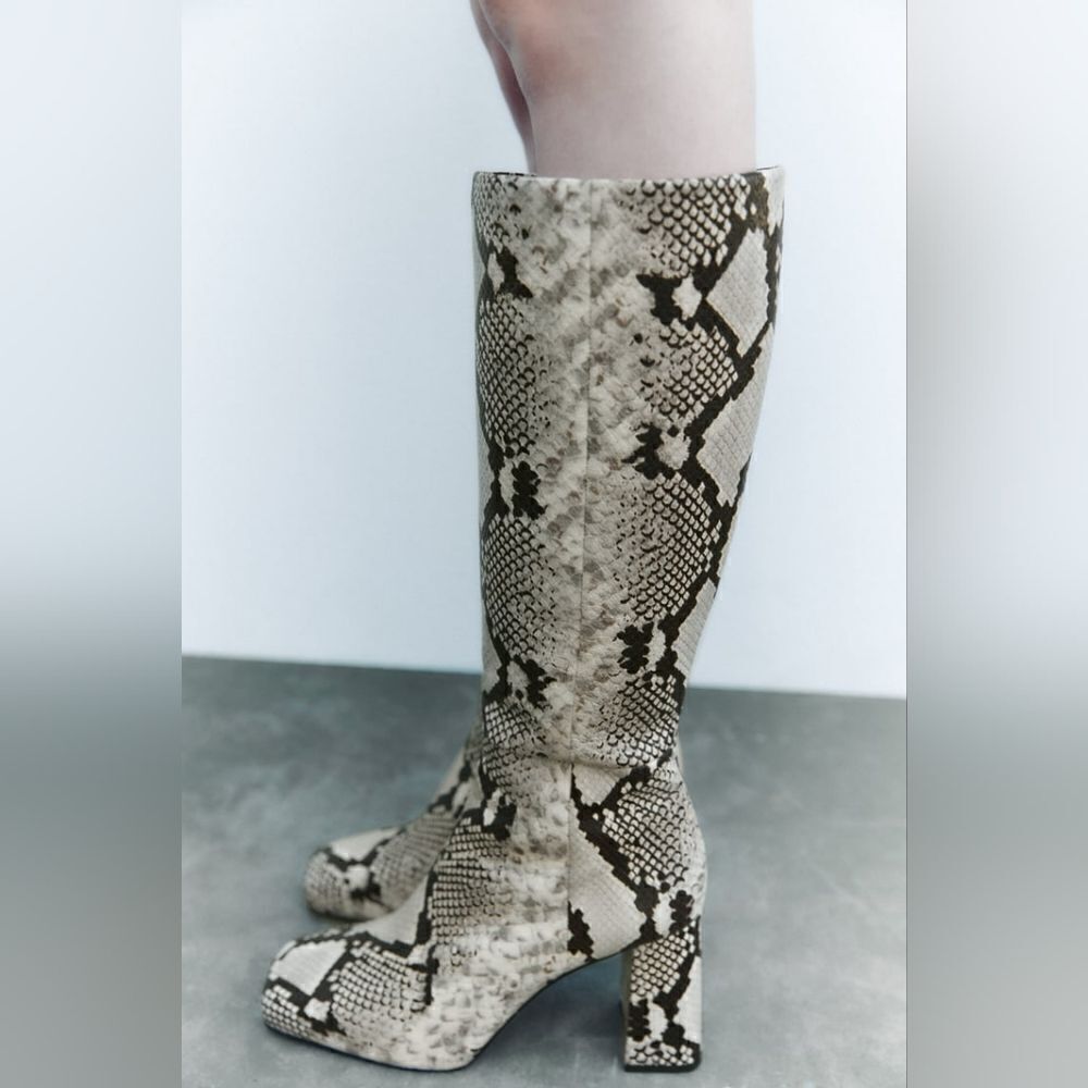 NWT ZARA BOOTS SNAKE PRINT INNER PLATFORM LEATHER HEELED KNEE HIGHโBOOTS - Picture 8 of 14